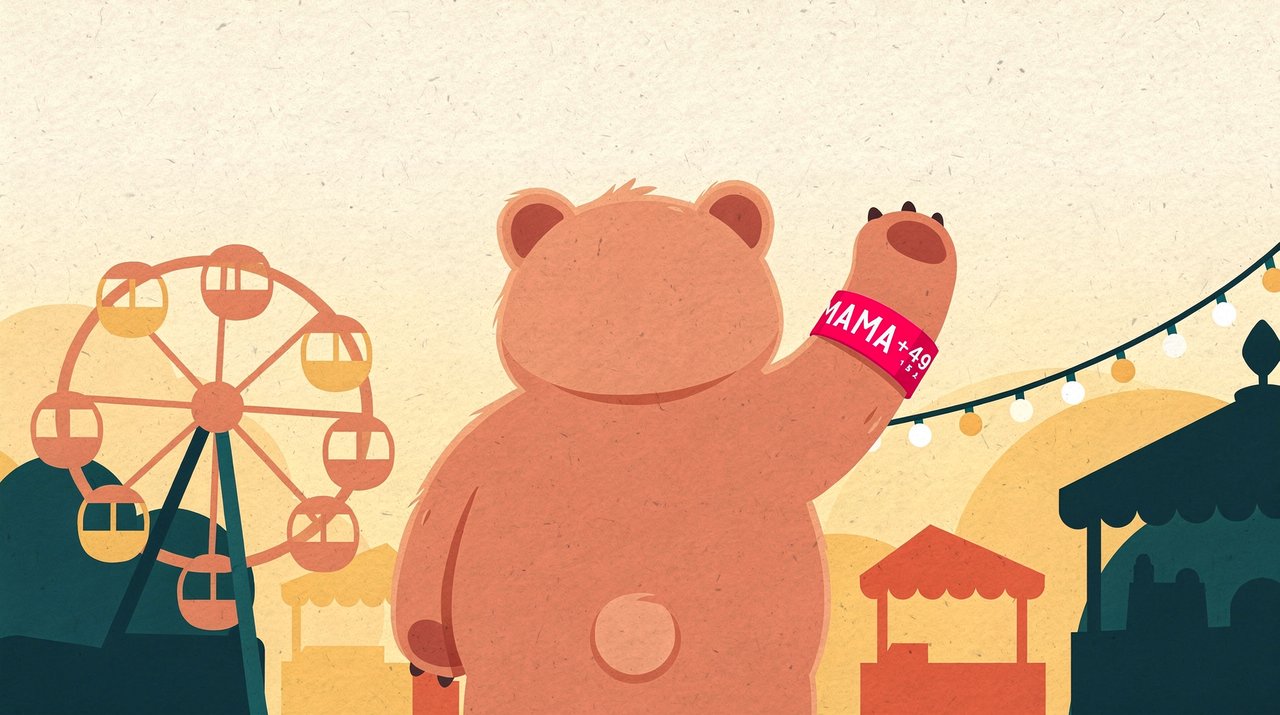 Ein Bärenkind von hinten reckt jubelnd die Pfote hoch und trägt ein neon-pinkes Bändi-Armband mit der Aufschrift MAMA und einer Telefonnummer – im Hintergrund ein Volksfest mit Riesenrad.